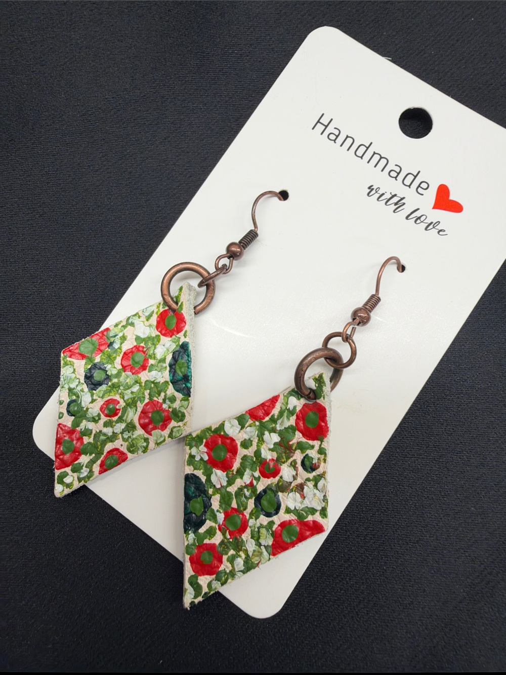 NEW Handmade Leather Floral Red & Green Diamond Dangle Earrings